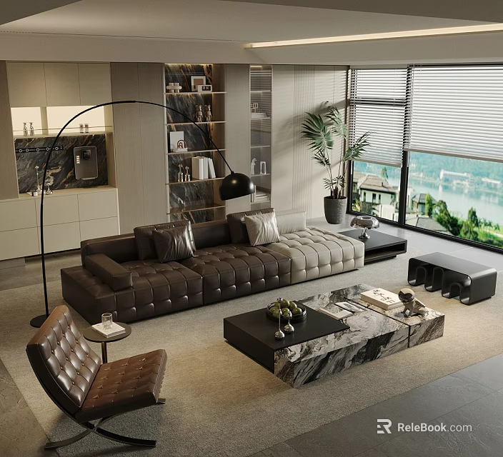 Elegant Modern Living Room With Leather Sectional Sofa And Marble Coffee Table Set 3d model 