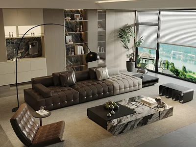 Elegant Modern Living Room With Leather Sectional Sofa And Marble Coffee Table Set 3d model