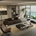 Elegant Modern Living Room With Leather Sectional Sofa And Marble Coffee Table Set
