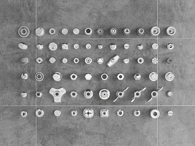 Various Metal Hardware Tools Parts Including Screws Nuts Washers And Wrenches Arranged On Gray Background 3d model