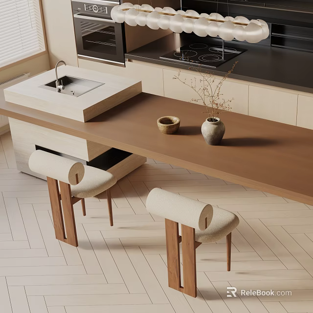 Modern Dining Table Set With Upholstered Wooden Stools And Decorative Vase Pot In Kitchen Interior 3d model 