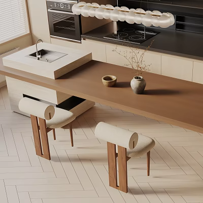 Modern Dining Table Set With Upholstered Wooden Stools And Decorative Vase Pot In Kitchen Interior 3d model