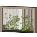 Indoor Bonsai Potted Plants Arrangement In Modern Frame With Vertical Slats And Natural Greenery