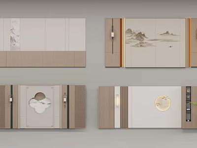 Elegant Chinese Style Wooden Cabinets With Landscape Paintings And Circular Decor 3d model