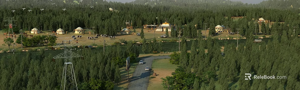 Scenic Rural Forest Landscape With Yurts Cars On Road And Lush Green Grassland 3d model 