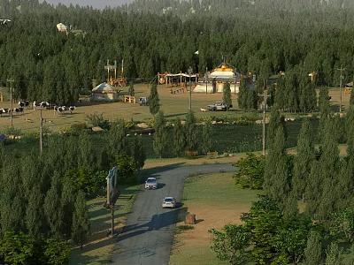 Scenic Rural Forest Landscape With Yurts Cars On Road And Lush Green Grassland 3d model