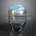 Silver Metal Helmet Sculpture With Smooth Surface And Symmetric Design