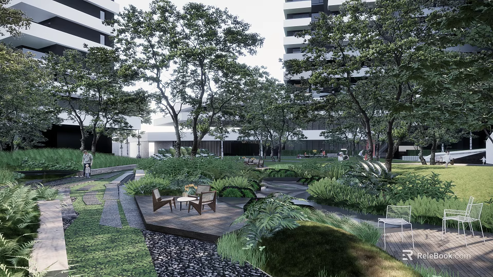 Modern Residential Entrance Gate Surrounded by High-Rise Buildings Trees Lawn Paths and Leisure Chairs 3d model 