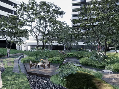Modern Residential Entrance Gate Surrounded by High-Rise Buildings Trees Lawn Paths and Leisure Chairs 3d model