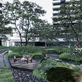 Modern Residential Entrance Gate Surrounded by High-Rise Buildings Trees Lawn Paths and Leisure Chairs