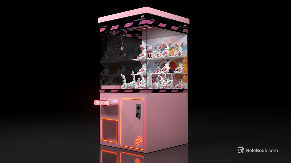 Attractive Pink Claw Machine With Stuffed Toys And Neon Light Design 3d model 