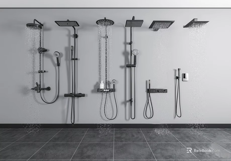 Modern Wall Mounted Shower Systems With Multiple Styles Water Spray Effect On Tile Floor 3d model