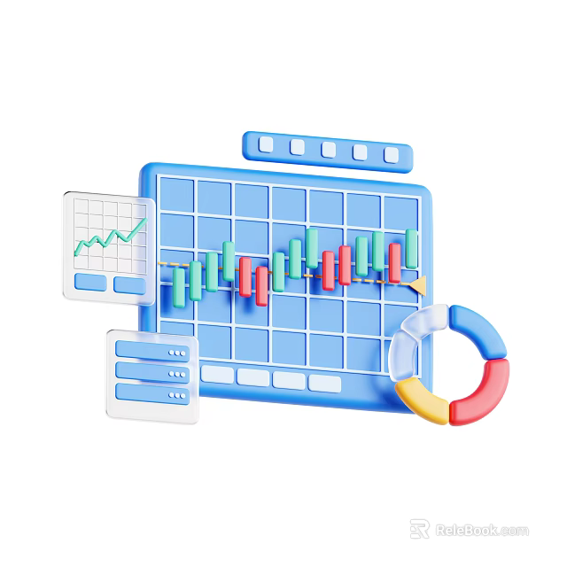 Decorative Ornament Set Featuring Blue Chart Board Candlestick Line Pie Graphs And Data Elements 3d model