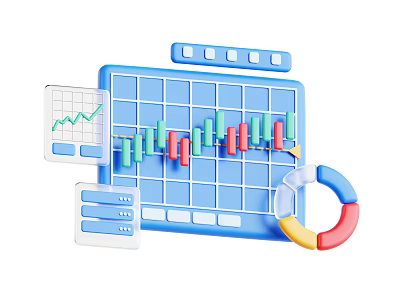 Decorative Ornament Set Featuring Blue Chart Board Candlestick Line Pie Graphs And Data Elements 3d model