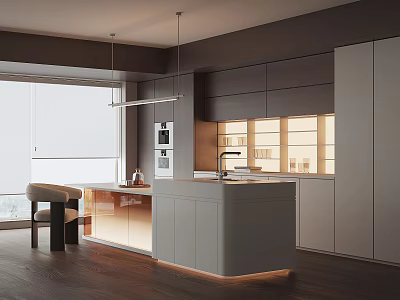 Elegant Modern Restaurant Open Kitchen With Island Cabinets And Hanging Lights 3d model