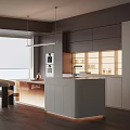 Elegant Modern Restaurant Open Kitchen With Island Cabinets And Hanging Lights
