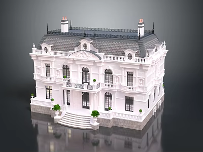 European Style White Detached Villa With Gray Roof Balcony Steps And Green Plants 3d model