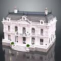 European Style White Detached Villa With Gray Roof Balcony Steps And Green Plants