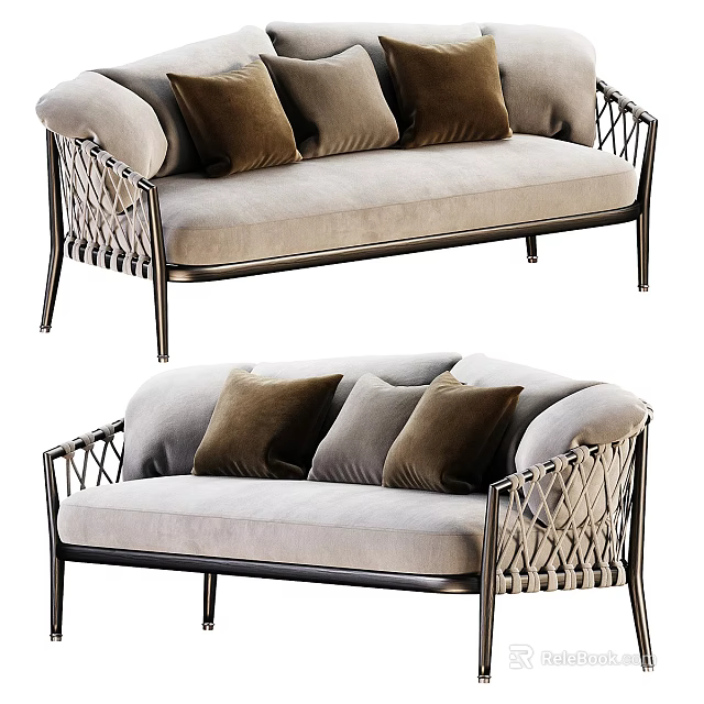 Outdoor Sofa With Woven Metal Frame Beige Cushions And Brown Pillows 3d model 