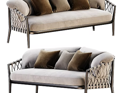 Outdoor Sofa With Woven Metal Frame Beige Cushions And Brown Pillows 3d model