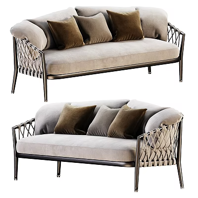 Outdoor Sofa With Woven Metal Frame Beige Cushions And Brown Pillows 3d model