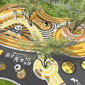 Vibrant Children's Play Area With Colorful Circular Patterns Climbing Structures And Shade Trees