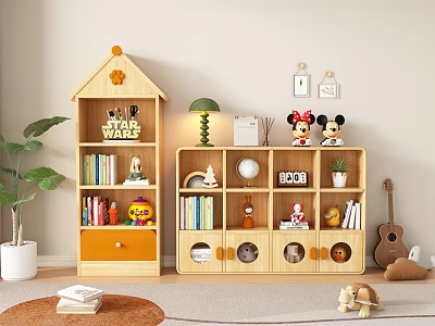 Playful Wooden Decorative Cabinets in Kids' Room with Toys Books and Storage 3d model