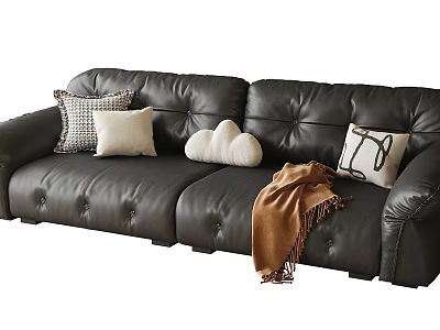 Black Leather Tufted Sectional Sofa With Patterned Beige Cloud Pillows And Brown Blanket 3d model