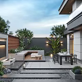 Modern Courtyard Garden With Outdoor Dining Area Bench Plants Lighting And Stone Pavement