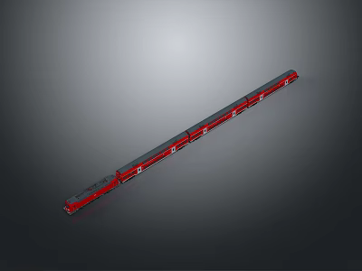 Long Red Train With Multiple Carriages And Modern Design On Gray Background 3d model