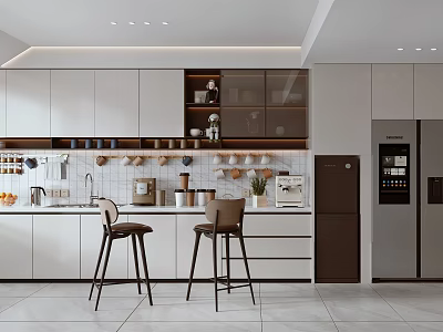 Modern Open Concept Tea Room Interior Design With Cabinets Bar Stools And Appliances 3d model