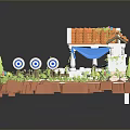 Modern Miniature Scene With Small Houses Orange Roofs Blue Awnings Green Plants Stone Path Targets