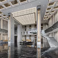 Hotel Lobby With High Ceiling Marble Walls Staircase And Reception Desk