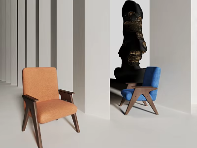 Orange And Blue Accent Chairs With Wooden Legs In Minimalist White Room 3d model
