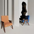Orange And Blue Accent Chairs With Wooden Legs In Minimalist White Room