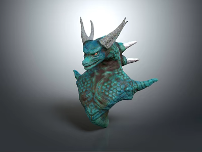 Detailed Blue Green Dragon Sculpture Carving With Horns And Scales Design 3d model
