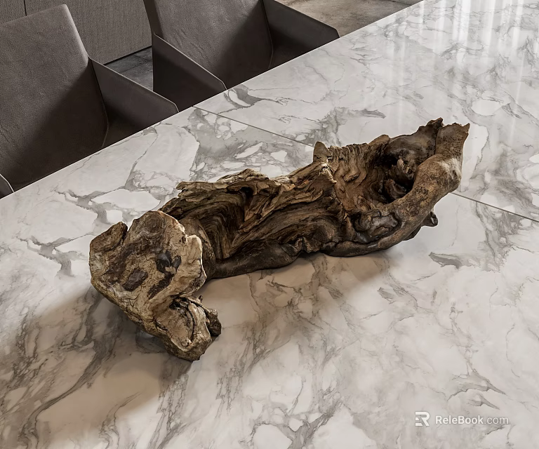Wooden Sculpture Carving With Natural Form And Driftwood Texture On Marble Tabletop 3d model 
