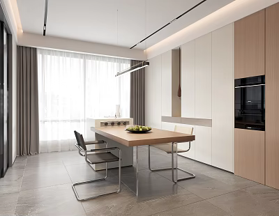 Modern Restaurant Interior Design With Wooden Dining Table Sleek Chairs Large Windows And Pendant Lights 3d model