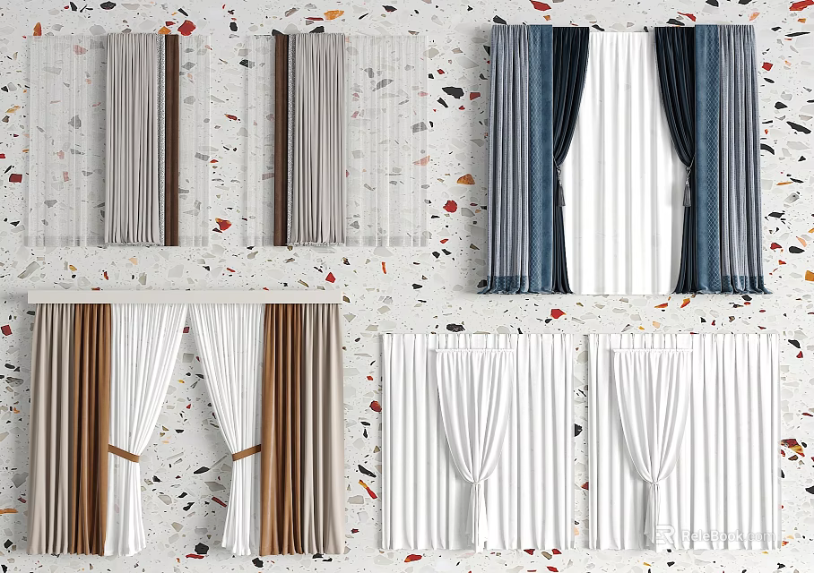 Various Colored Curtain Collection With Sheer Linen Double Layer And Tieback For Home Interior 3d model 