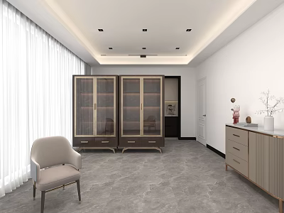 Modern Restaurant Interior With White Curtains Gray Floor Glass Door Display Cabinets And Ceiling Lights 3d model