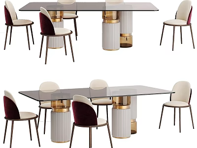 Modern Dining Table Set With Glass Top Gold White Cylindrical Legs And Velvet Chairs 3d model