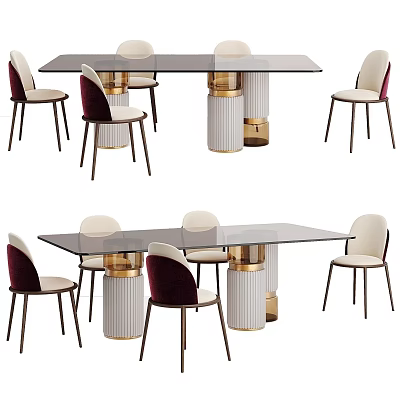 Modern Dining Table Set With Glass Top Gold White Cylindrical Legs And Velvet Chairs 3d model