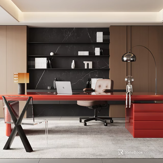 Modern Study Room Interior With Red Desk Black Shelves Laptop And Floor Lamp 3d model 