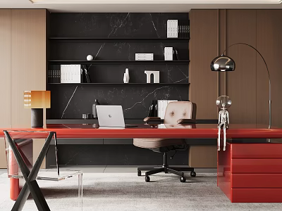 Modern Study Room Interior With Red Desk Black Shelves Laptop And Floor Lamp 3d model