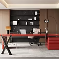 Modern Study Room Interior With Red Desk Black Shelves Laptop And Floor Lamp