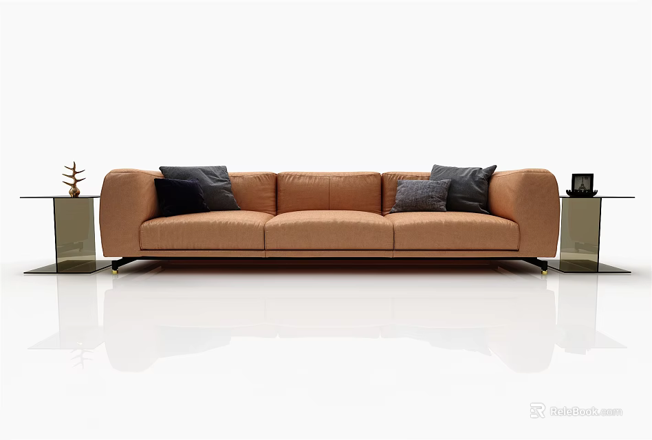 Modern Leather Three-Seater Sofa With Black Cushions And Side Tables With Decorations 3d model 
