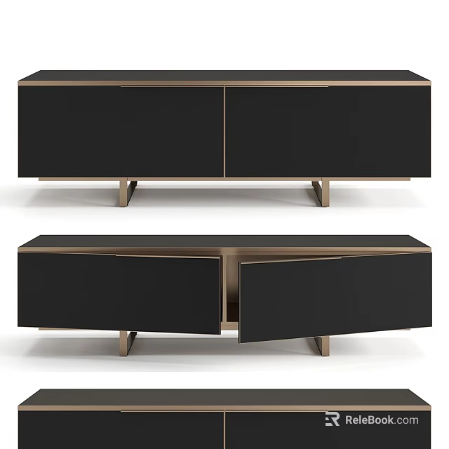 Modern Black TV Stand With Metal Legs And Storage Cabinet Doors 3d model 