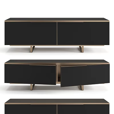 Modern Black TV Stand With Metal Legs And Storage Cabinet Doors 3d model