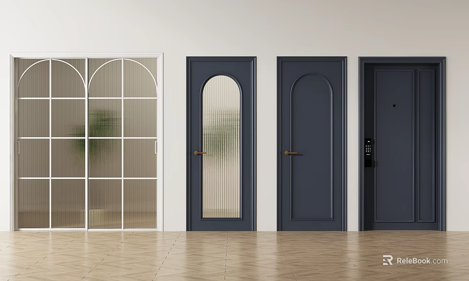 White and Dark Blue Swing Doors with Arch Glass Ribbed Panel and Solid Design 3d model