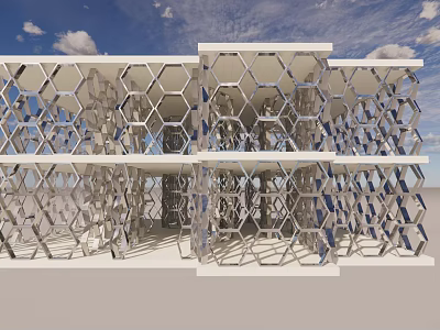 Modern Architectural Structure With Hexagonal Metal Grid And Open Design Elements 3d model